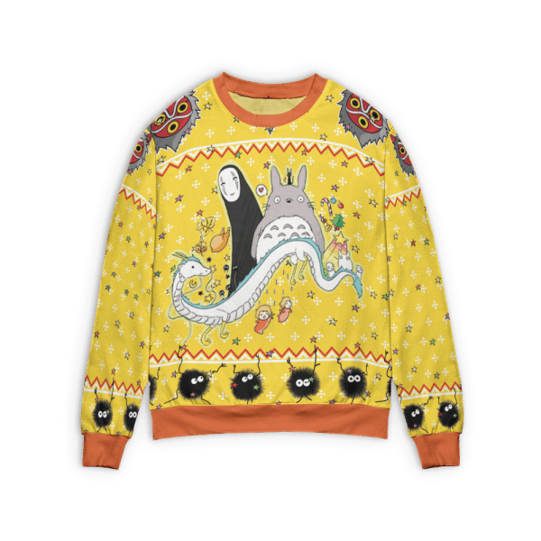 Totoro and No Face riding Haku 3D Ugly Christmas Sweater Ghibli Store ghibli.store