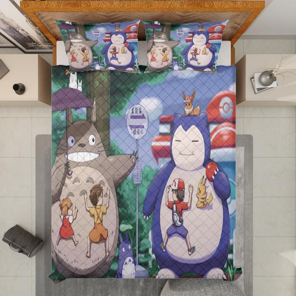 Totoro and Snorlax At The Bus Stop Quilt Bedding Set
