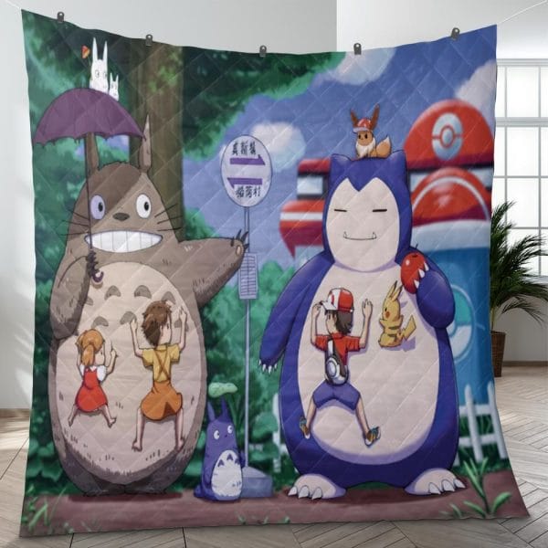 Totoro and Snorlax At The Bus Stop Quilt Blanket Ghibli Store ghibli.store