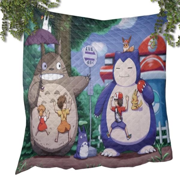Totoro and Snorlax At The Bus Stop Quilt Blanket Ghibli Store ghibli.store