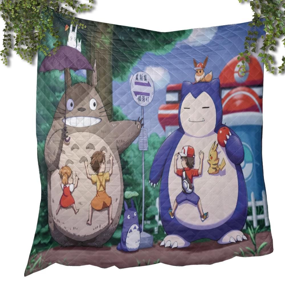 Totoro and Snorlax At The Bus Stop Quilt Blanket